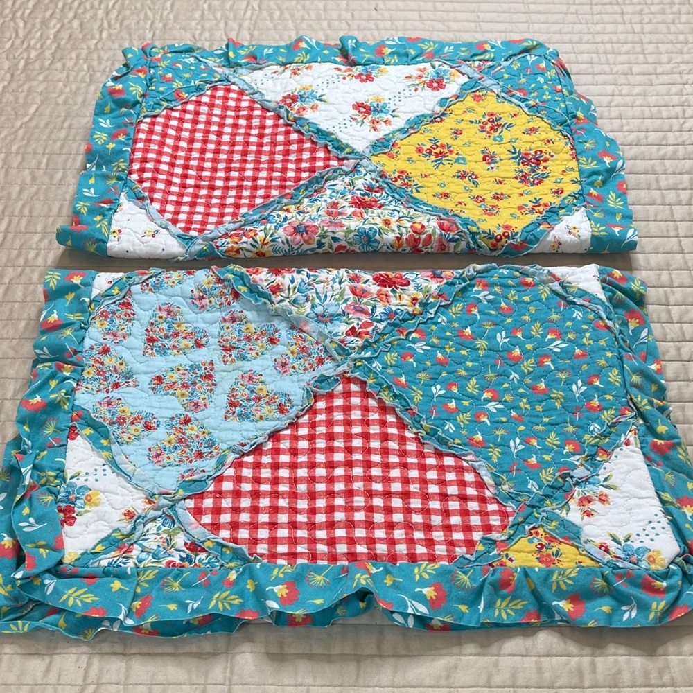The Pioneer Woman Teal, Red & Yellow Patchwork Quilted Pillow Shams 20X28 inches